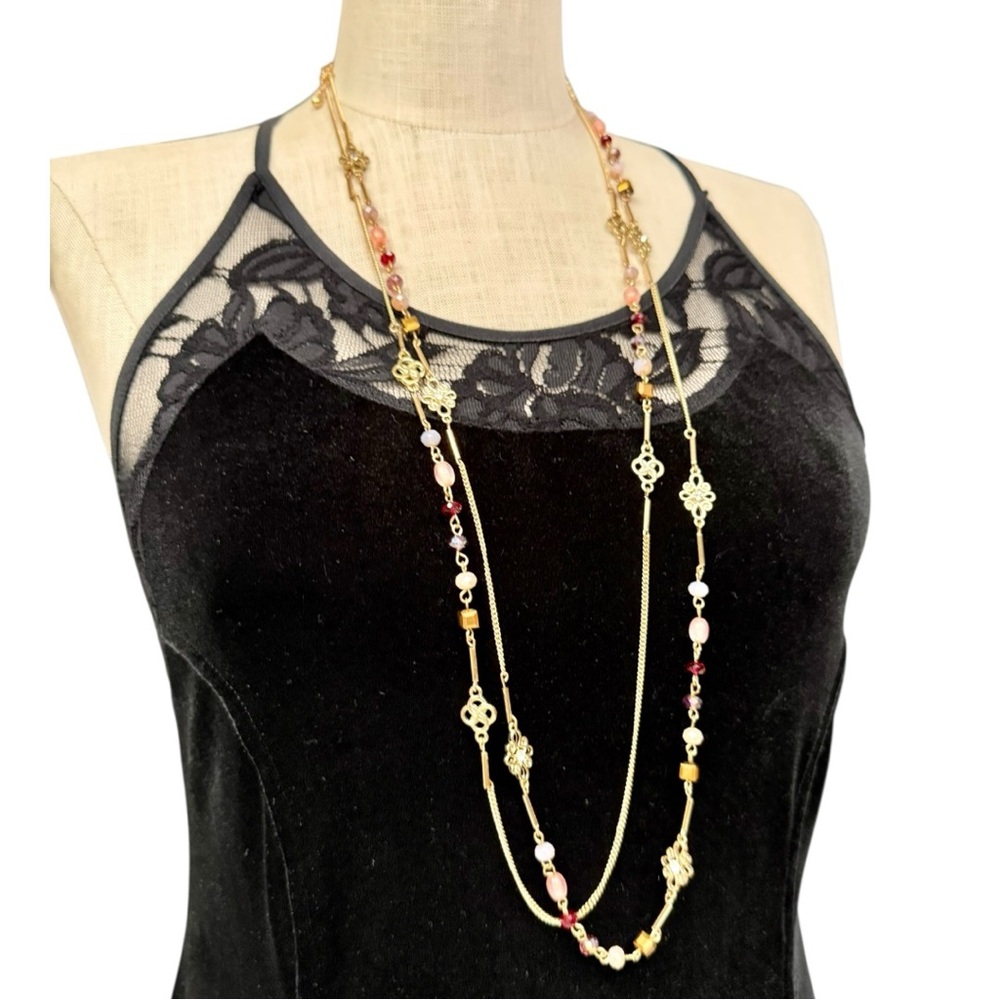 Vintage Uranium Vaseline Glass Bead Long Double Strand Necklace Gold Tone